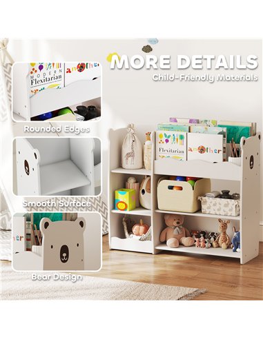 AIYAPLAY Kids Toy Storage Unit, Bear Design Kids Bookshelf and Toy Organiser, for Bedroom, Nursery, Playroom, White