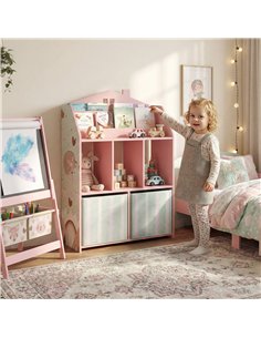 AIYAPLAY Kids Bookshelf with Storage, Toy Storage Unit with Book Display, Shelves and Fabric Drawers for Playroom Nursery, Pink 2