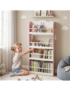 AIYAPLAY 4 Tier Kids Bookshelf, Wall-Mounted Children Bookcase, Toddler Space-Saving Bookcase for Kids Room, Playroom, Pink 2