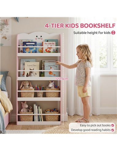 AIYAPLAY 4 Tier Kids Bookshelf, Wall-Mounted Children Bookcase, Toddler Space-Saving Bookcase for Kids Room, Playroom, Pink