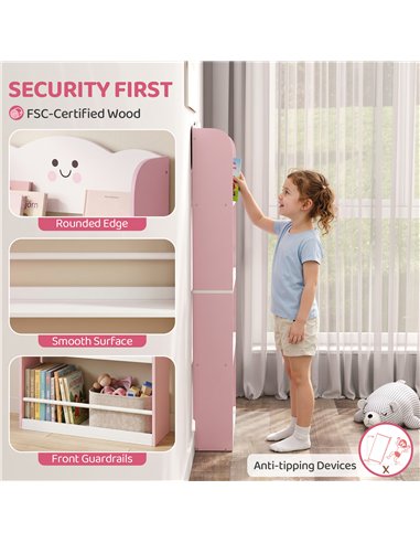 AIYAPLAY 4 Tier Kids Bookshelf, Wall-Mounted Children Bookcase, Toddler Space-Saving Bookcase for Kids Room, Playroom, Pink