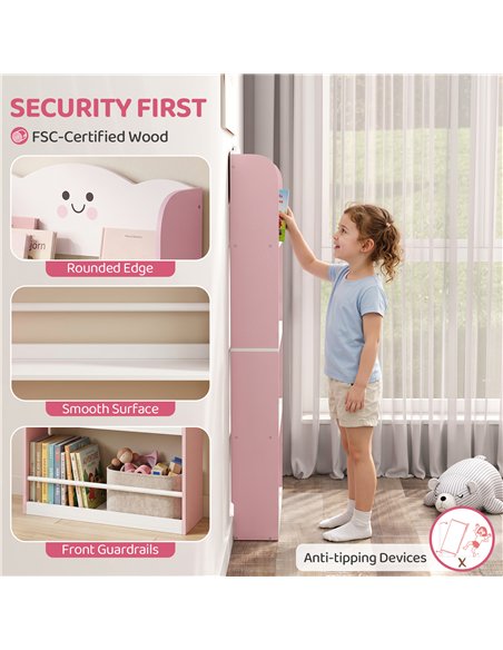 AIYAPLAY 4 Tier Kids Bookshelf, Wall-Mounted Children Bookcase, Toddler Space-Saving Bookcase for Kids Room, Playroom, Pink - pic 197678 | FastDaddyshop