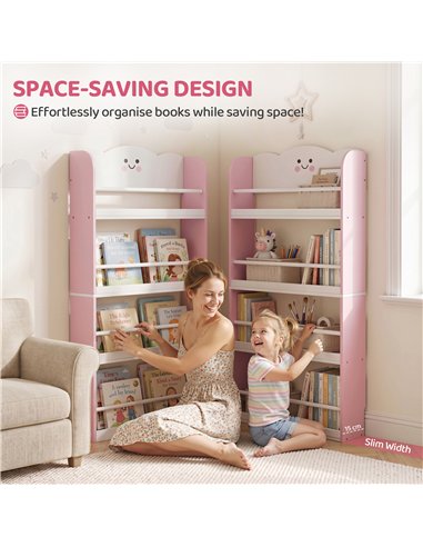 AIYAPLAY 4 Tier Kids Bookshelf, Wall-Mounted Children Bookcase, Toddler Space-Saving Bookcase for Kids Room, Playroom, Pink