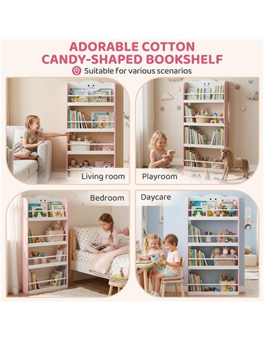 AIYAPLAY 4 Tier Kids Bookshelf, Wall-Mounted Children Bookcase, Toddler Space-Saving Bookcase for Kids Room, Playroom, Pink
