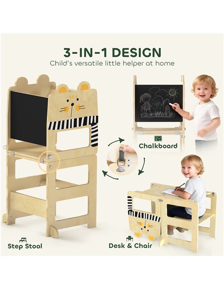 AIYAPLAY Toddler Step Stool, Standing Tower with Chalkboard, 3-in-1 Cat-Shaped Step Stool for Kitchen Counter, Natural - pic 197695 | FastDaddyshop