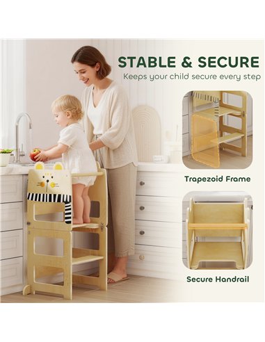 AIYAPLAY Toddler Step Stool, Standing Tower with Chalkboard, 3-in-1 Cat-Shaped Step Stool for Kitchen Counter, Natural