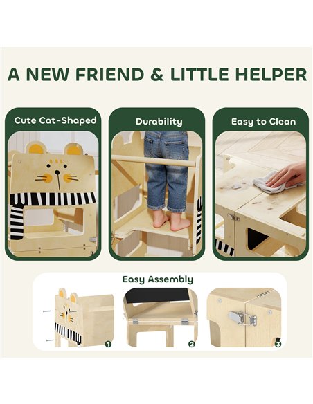 AIYAPLAY Toddler Step Stool, Standing Tower with Chalkboard, 3-in-1 Cat-Shaped Step Stool for Kitchen Counter, Natural - pic 197698 | FastDaddyshop