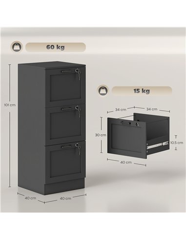 HOMCOM 3-Drawer Filing Cabinet with Lock - Black