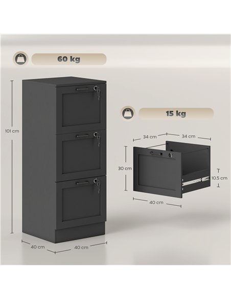 HOMCOM 3-Drawer Filing Cabinet with Lock - Black - pic 197712 | FastDaddyshop