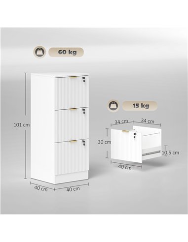 HOMCOM Filing Cabinet, Fluted Vertical File Cabinet with 3 Lockable Drawers and Hanging Rails, White