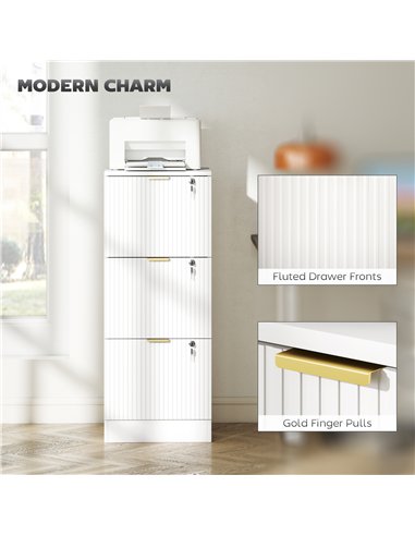 HOMCOM Filing Cabinet, Fluted Vertical File Cabinet with 3 Lockable Drawers and Hanging Rails, White