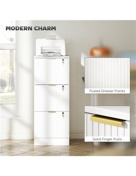 HOMCOM Filing Cabinet, Fluted Vertical File Cabinet with 3 Lockable Drawers and Hanging Rails, White - pic 197726 | FastDaddyshop