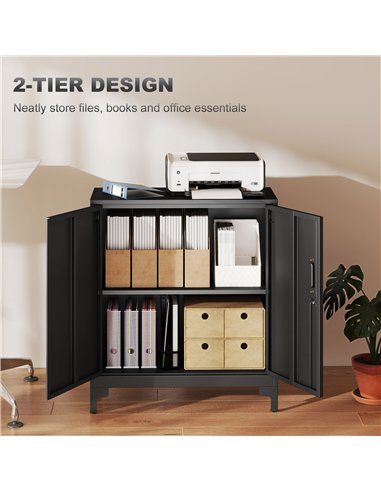 HOMCOM Lockable Metal Filing Cabinet, 2-Tier Storage Cupboard with Double Doors, Modern Office Organiser, Black