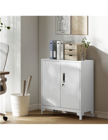 HOMCOM Lockable Metal Filing Cabinet, 2-Tier Storage Cupboard with Double Doors, Modern Office Organiser, White