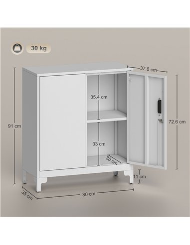 HOMCOM Lockable Metal Filing Cabinet, 2-Tier Storage Cupboard with Double Doors, Modern Office Organiser, White