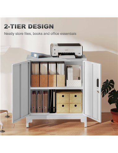 HOMCOM Lockable Metal Filing Cabinet, 2-Tier Storage Cupboard with Double Doors, Modern Office Organiser, White