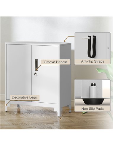 HOMCOM Lockable Metal Filing Cabinet, 2-Tier Storage Cupboard with Double Doors, Modern Office Organiser, White