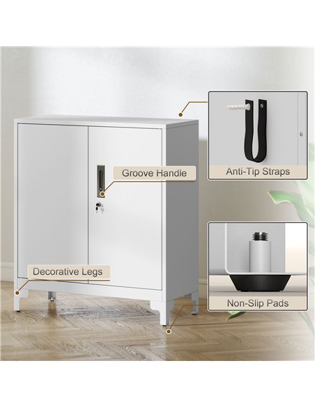 HOMCOM Lockable Metal Filing Cabinet, 2-Tier Storage Cupboard with Double Doors, Modern Office Organiser, White - pic 197742 | FastDaddyshop