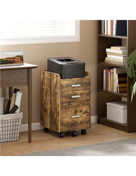 HOMCOM 3 Drawer Filing Cabinet, Rolling File Cabinet with Edged Top for Letter, A4 Size, Hanging File Folders, Rustic Brown - pic 197756 | FastDaddyshop