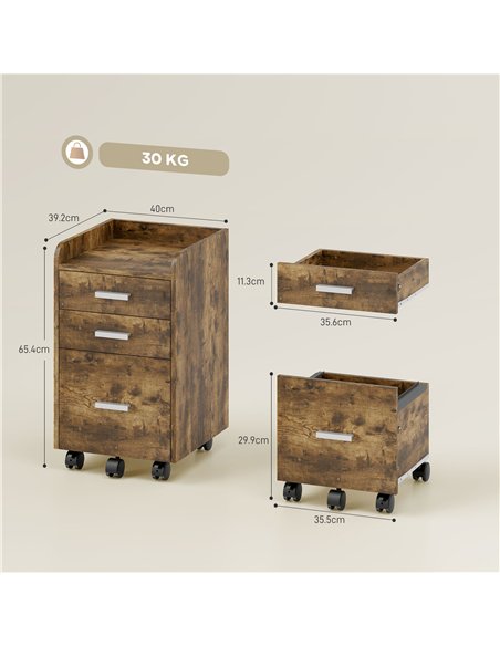 HOMCOM 3 Drawer Filing Cabinet, Rolling File Cabinet with Edged Top for Letter, A4 Size, Hanging File Folders, Rustic Brown - pic 197757 | FastDaddyshop