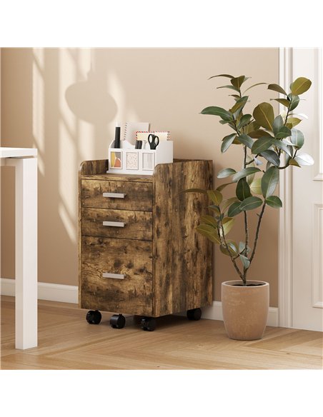 HOMCOM 3 Drawer Filing Cabinet, Rolling File Cabinet with Edged Top for Letter, A4 Size, Hanging File Folders, Rustic Brown - pic 197761 | FastDaddyshop
