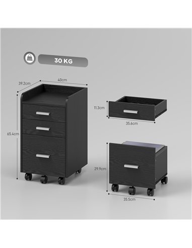 HOMCOM 3 Drawer Filing Cabinet, Rolling File Cabinet with Edged Top for Letter, A4 Size, Hanging File Folders, Black