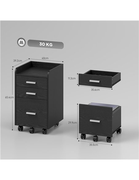 HOMCOM 3 Drawer Filing Cabinet, Rolling File Cabinet with Edged Top for Letter, A4 Size, Hanging File Folders, Black - pic 197766 | FastDaddyshop