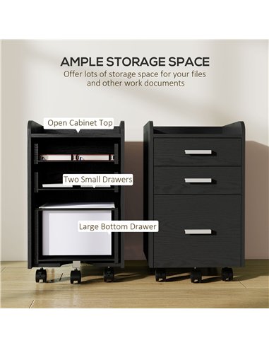 HOMCOM 3 Drawer Filing Cabinet, Rolling File Cabinet with Edged Top for Letter, A4 Size, Hanging File Folders, Black