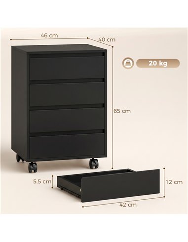 HOMCOM Four-Drawer Office Filing Cabinet, with Wheels - Black