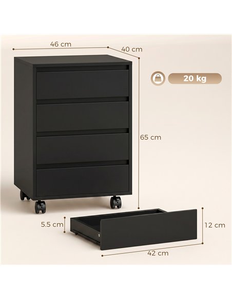 HOMCOM Four-Drawer Office Filing Cabinet, with Wheels - Black - pic 197775 | FastDaddyshop