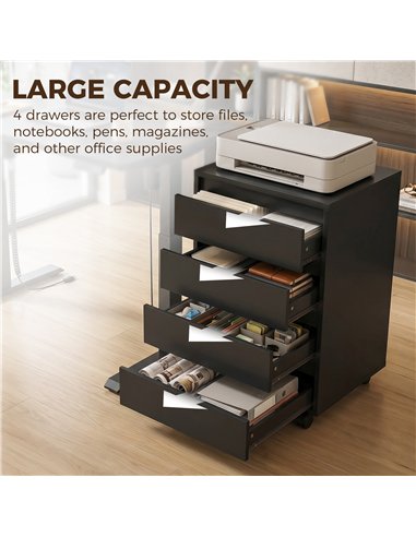 HOMCOM Four-Drawer Office Filing Cabinet, with Wheels - Black