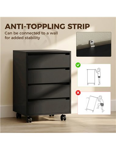 HOMCOM Four-Drawer Office Filing Cabinet, with Wheels - Black