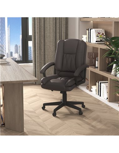 HOMCOM Swivel Faux Leather Office Chair with Double-Tier Padding, Arm, Wheels, Brown