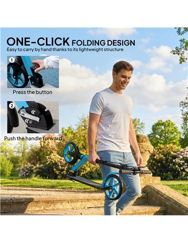 HOMCOM One-click Folding Kick Scooter for 14+ w/ Adjustable Handlebar, Push Scooter with Kickstand, Dual Brake System, Blue