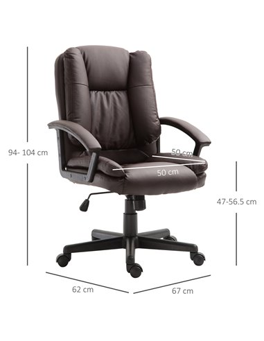 HOMCOM Swivel Faux Leather Office Chair with Double-Tier Padding, Arm, Wheels, Brown