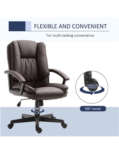 HOMCOM Swivel Faux Leather Office Chair with Double-Tier Padding, Arm, Wheels, Brown