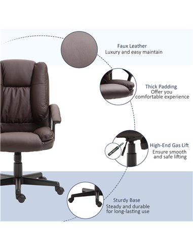 HOMCOM Swivel Faux Leather Office Chair with Double-Tier Padding, Arm, Wheels, Brown