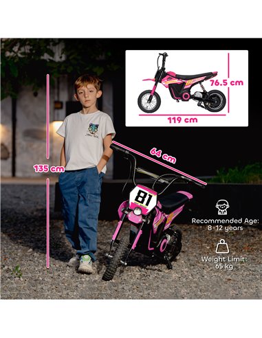 AIYAPLAY Kids Electric Motorbike, 24V Ride On Motorcycle with 3 Speeds and Rear Suspension, Dirt Bike for 8-12 Years Old, Pink