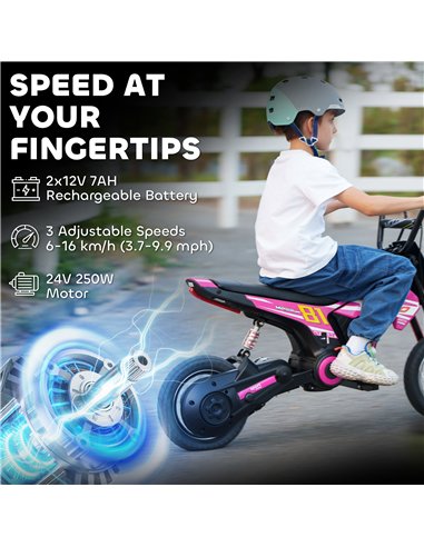AIYAPLAY Kids Electric Motorbike, 24V Ride On Motorcycle with 3 Speeds and Rear Suspension, Dirt Bike for 8-12 Years Old, Pink