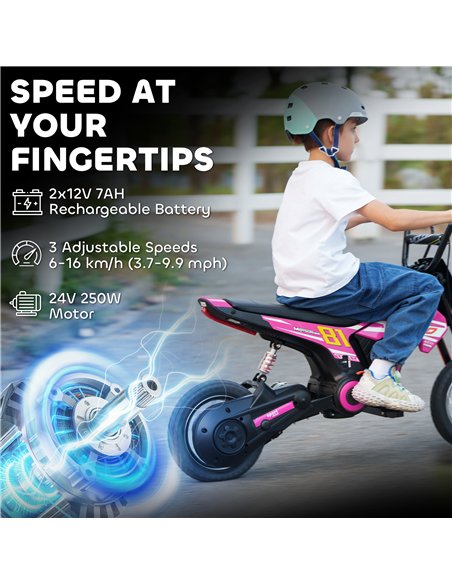 AIYAPLAY Kids Electric Motorbike, 24V Ride On Motorcycle with 3 Speeds and Rear Suspension, Dirt Bike for 8-12 Years Old, Pink - pic 197974 | FastDaddyshop