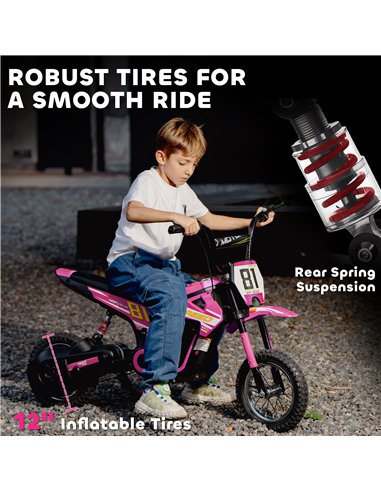 AIYAPLAY Kids Electric Motorbike, 24V Ride On Motorcycle with 3 Speeds and Rear Suspension, Dirt Bike for 8-12 Years Old, Pink