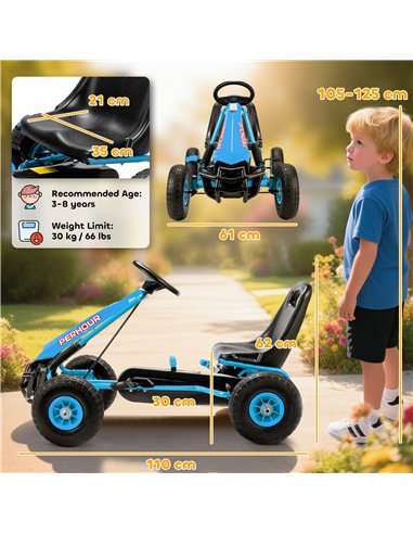 AIYAPLAY Kids Pedal Go Kart with Adjustable Seat, EVA Tyres, Manual Clutch, Brake, Go Kart for Kids 3-8 Years, Blue