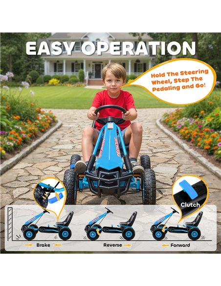 AIYAPLAY Kids Pedal Go Kart with Adjustable Seat, EVA Tyres, Manual Clutch, Brake, Go Kart for Kids 3-8 Years, Blue - pic 197983 | FastDaddyshop