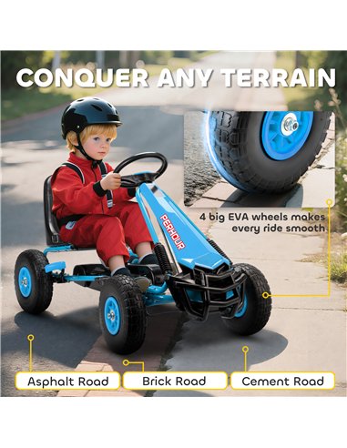 AIYAPLAY Kids Pedal Go Kart with Adjustable Seat, EVA Tyres, Manual Clutch, Brake, Go Kart for Kids 3-8 Years, Blue