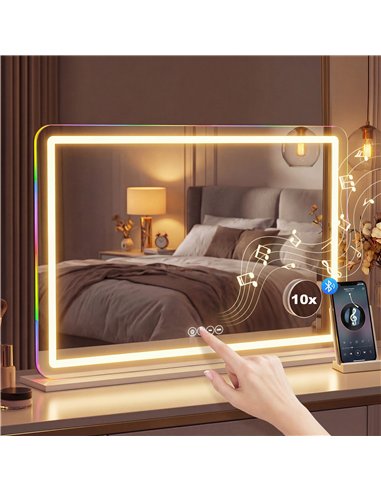 HOMCOM Vanity Mirror with Lights, Dimmable Makeup Mirror with Adjustable Colour Temperature, RGB Light, Bluetooth Speaker White