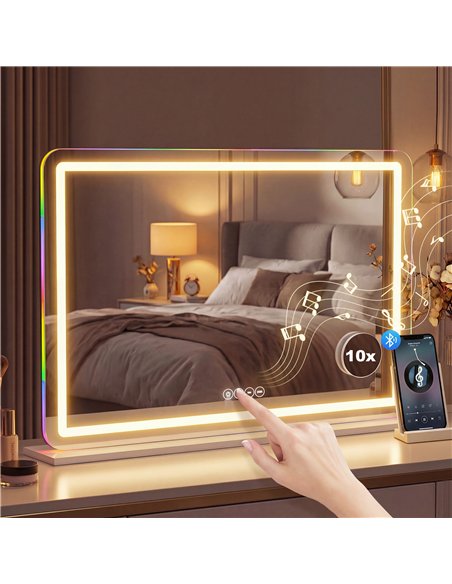 HOMCOM Vanity Mirror with Lights, Dimmable Makeup Mirror with Adjustable Colour Temperature, RGB Light, Bluetooth Speaker White - pic 198017 | FastDaddyshop