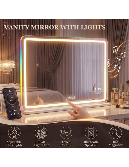HOMCOM Vanity Mirror with Lights, Dimmable Makeup Mirror with Adjustable Colour Temperature, RGB Light, Bluetooth Speaker White - pic 198019 | FastDaddyshop