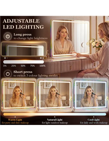 HOMCOM Vanity Mirror with Lights, Dimmable Makeup Mirror with Adjustable Colour Temperature, RGB Light, Bluetooth Speaker White