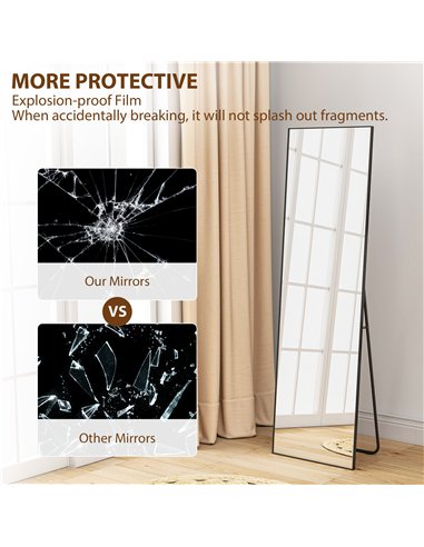 HOMCOM Full Length Mirror, Aluminium Alloy Framed Full Body Mirror with Tempered Glass, Standing or Wall Hanging, Black