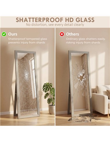 HOMCOM Full Length Mirror, 37 x 157 cm, Hanging or Freestanding, Rectangular Full Body Mirror for Living Room, Bedroom, Grey